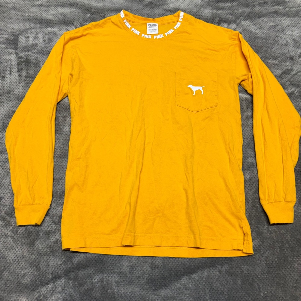 Victoria's Secret PINK Long Sleeve Pocket T-Shirt Yellow Logo Graphic XS